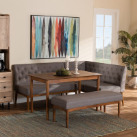 Baxton Studio BBT8051.13-GreyWalnut-4PC Dining Nook Set Baxton Studio Riordan Mid-Century Modern Grey Fabric Upholstered and Walnut Brown Finished Wood 4-Piece Dining Nook Set